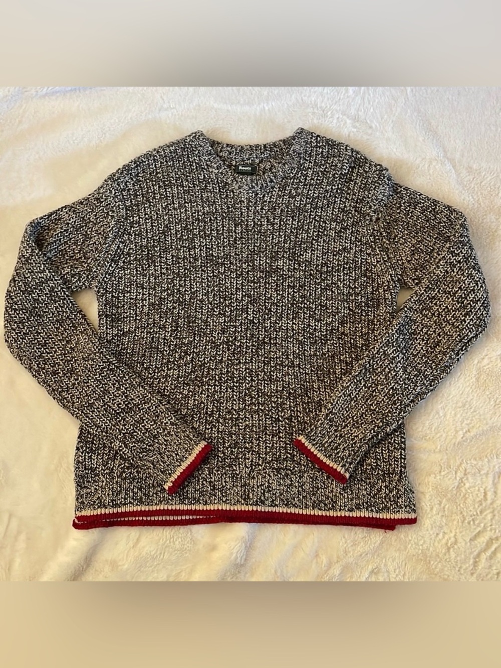 Roots Black & White Marled Crewneck Sweater with Red Trim
